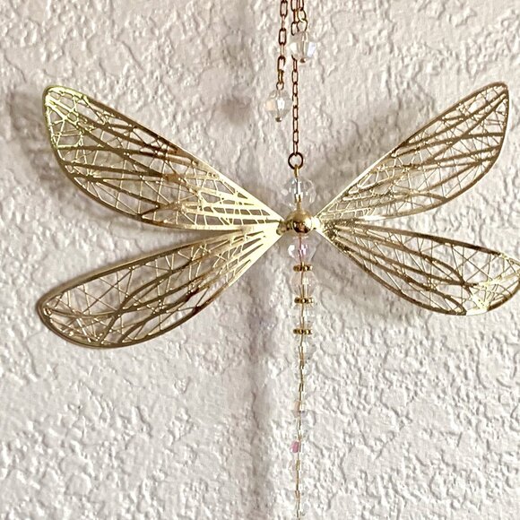 Gorgeous Dragonfly Suncatcher Window Hanging Gold Wings AB Clear Crystal Body - Picture 4 of 5